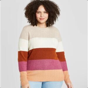 AVA & VIV Plus Size 2X Striped Crewneck Sweater - Earthy Fall Tones
